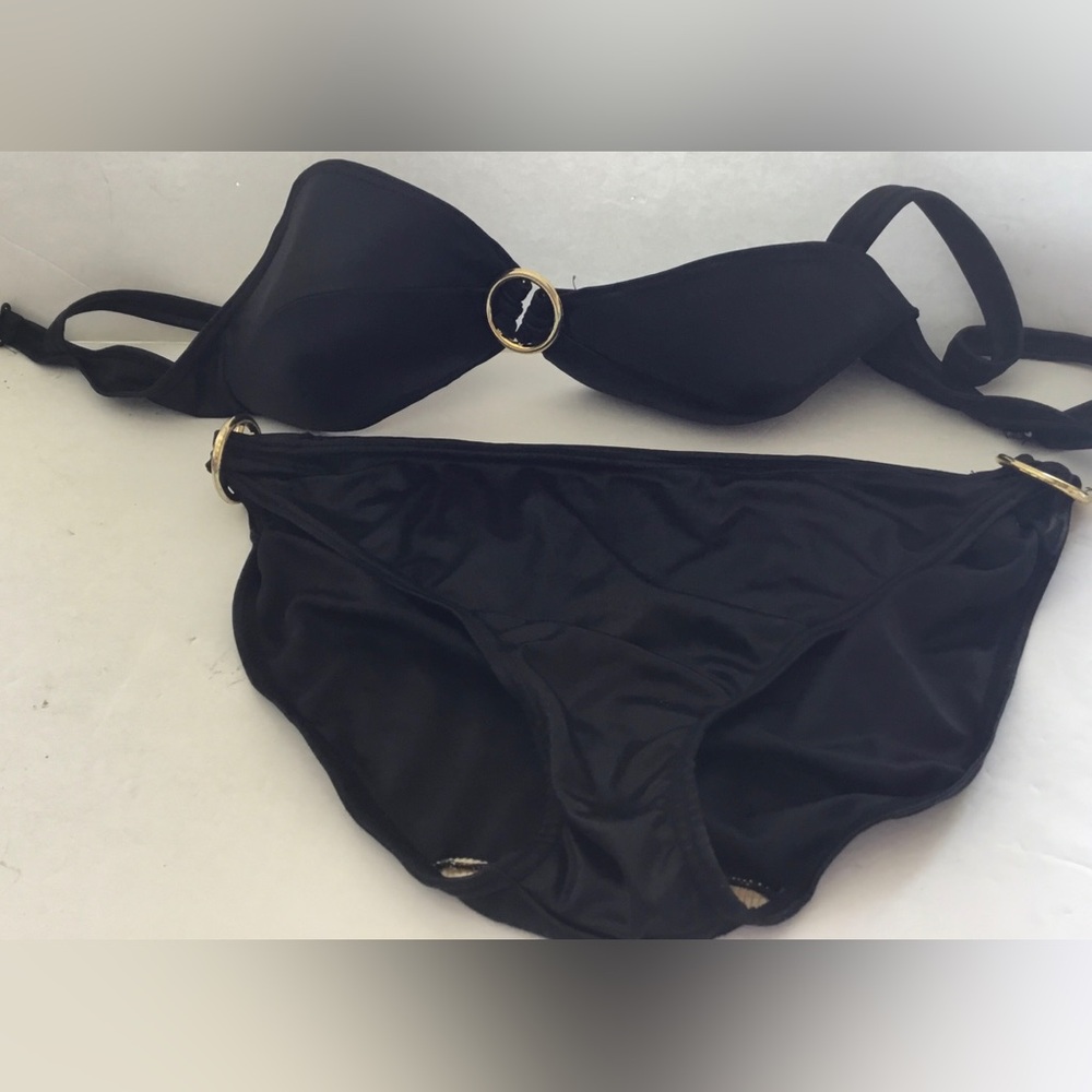 Women small, black bikini with gold ring accents